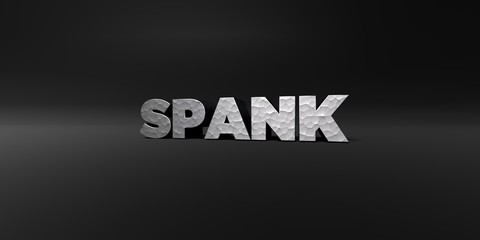 SPANK - hammered metal finish text on black studio - 3D rendered royalty free stock photo. This image can be used for an online website banner ad or a print postcard.