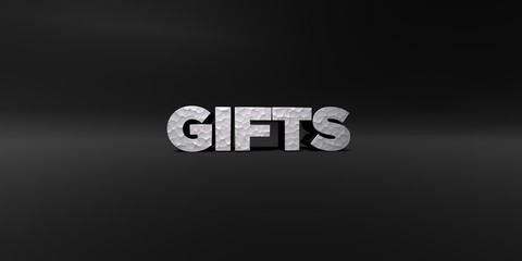 GIFTS - hammered metal finish text on black studio - 3D rendered royalty free stock photo. This image can be used for an online website banner ad or a print postcard.
