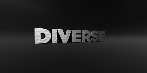 DIVERSE - hammered metal finish text on black studio - 3D rendered royalty free stock photo. This image can be used for an online website banner ad or a print postcard.