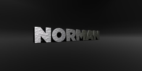 NORMAN - hammered metal finish text on black studio - 3D rendered royalty free stock photo. This image can be used for an online website banner ad or a print postcard.