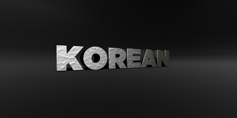 Obraz premium KOREAN - hammered metal finish text on black studio - 3D rendered royalty free stock photo. This image can be used for an online website banner ad or a print postcard.