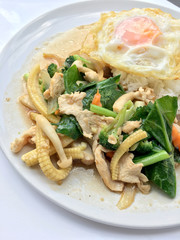 stir-fried mixed vegetables with rice in white dish on white background.