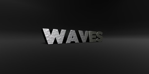 WAVES - hammered metal finish text on black studio - 3D rendered royalty free stock photo. This image can be used for an online website banner ad or a print postcard.