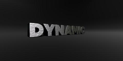 DYNAMIC - hammered metal finish text on black studio - 3D rendered royalty free stock photo. This image can be used for an online website banner ad or a print postcard.