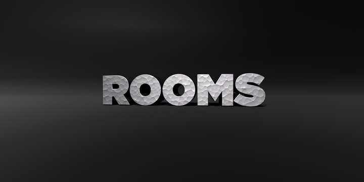 ROOMS - hammered metal finish text on black studio - 3D rendered royalty free stock photo. This image can be used for an online website banner ad or a print postcard.