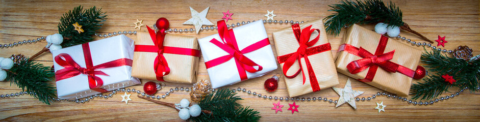 Christmas wooden background with tree,gift and decoration