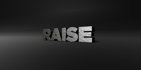 RAISE - hammered metal finish text on black studio - 3D rendered royalty free stock photo. This image can be used for an online website banner ad or a print postcard.