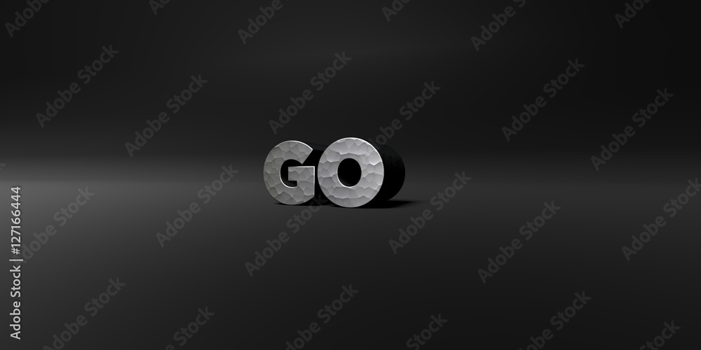 Fototapete go - hammered metal finish text on black studio - 3d rendered royalty free stock photo. this image c