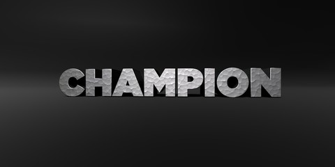 Fototapeta premium CHAMPION - hammered metal finish text on black studio - 3D rendered royalty free stock photo. This image can be used for an online website banner ad or a print postcard.