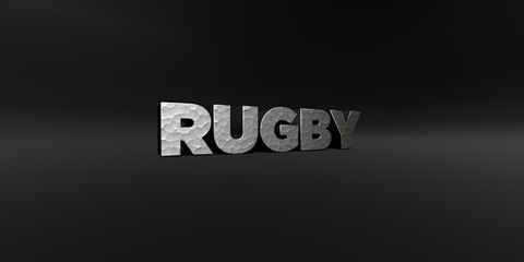 RUGBY - hammered metal finish text on black studio - 3D rendered royalty free stock photo. This image can be used for an online website banner ad or a print postcard.