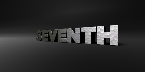 SEVENTH - hammered metal finish text on black studio - 3D rendered royalty free stock photo. This image can be used for an online website banner ad or a print postcard.