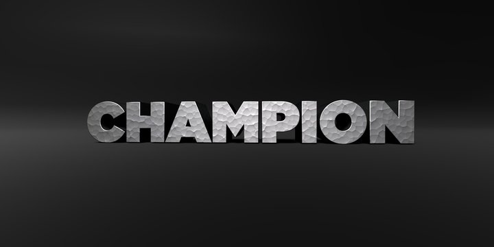 CHAMPION - hammered metal finish text on black studio - 3D rendered royalty free stock photo. This image can be used for an online website banner ad or a print postcard.
