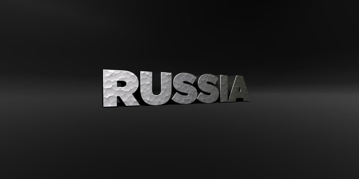 RUSSIA - hammered metal finish text on black studio - 3D rendered royalty free stock photo. This image can be used for an online website banner ad or a print postcard.