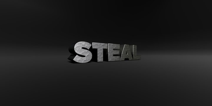 STEAL - hammered metal finish text on black studio - 3D rendered royalty free stock photo. This image can be used for an online website banner ad or a print postcard.