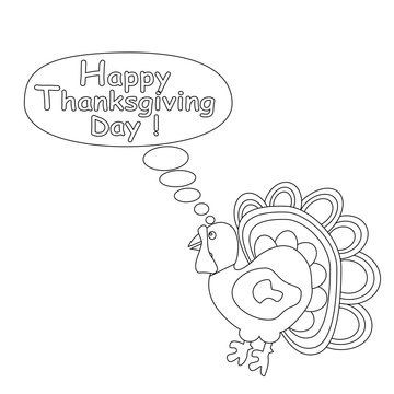 Outlined cartoon turkey. Happy Thanksgiving day concept. Kids coloring page.