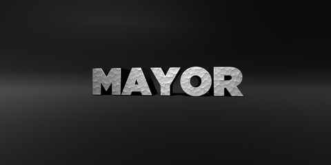 MAYOR - hammered metal finish text on black studio - 3D rendered royalty free stock photo. This image can be used for an online website banner ad or a print postcard.