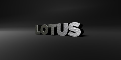 LOTUS - hammered metal finish text on black studio - 3D rendered royalty free stock photo. This image can be used for an online website banner ad or a print postcard.