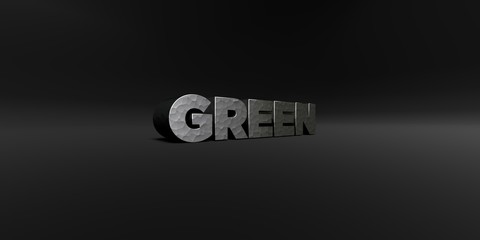 GREEN - hammered metal finish text on black studio - 3D rendered royalty free stock photo. This image can be used for an online website banner ad or a print postcard.