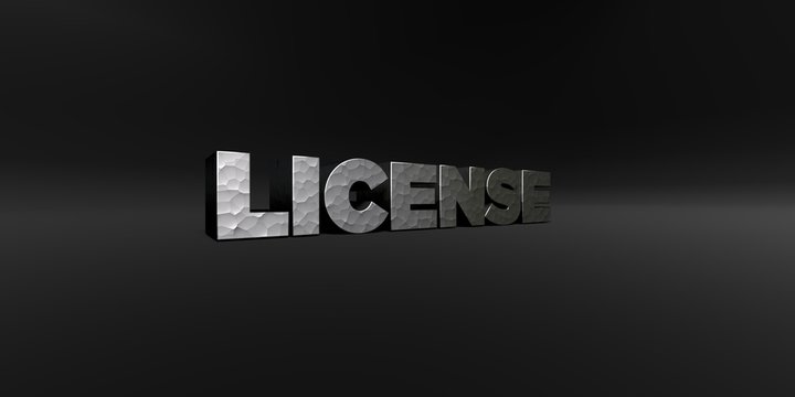 LICENSE - hammered metal finish text on black studio - 3D rendered royalty free stock photo. This image can be used for an online website banner ad or a print postcard.