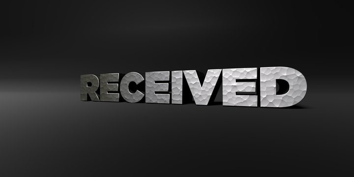 RECEIVED - hammered metal finish text on black studio - 3D rendered royalty free stock photo. This image can be used for an online website banner ad or a print postcard.