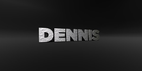 DENNIS - hammered metal finish text on black studio - 3D rendered royalty free stock photo. This image can be used for an online website banner ad or a print postcard.