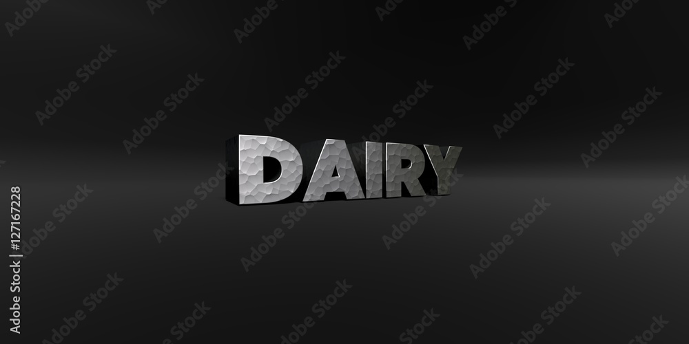 Fototapete dairy - hammered metal finish text on black studio - 3d rendered royalty free stock photo. this imag