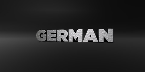 GERMAN - hammered metal finish text on black studio - 3D rendered royalty free stock photo. This image can be used for an online website banner ad or a print postcard.