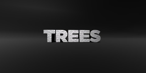 TREES - hammered metal finish text on black studio - 3D rendered royalty free stock photo. This image can be used for an online website banner ad or a print postcard.