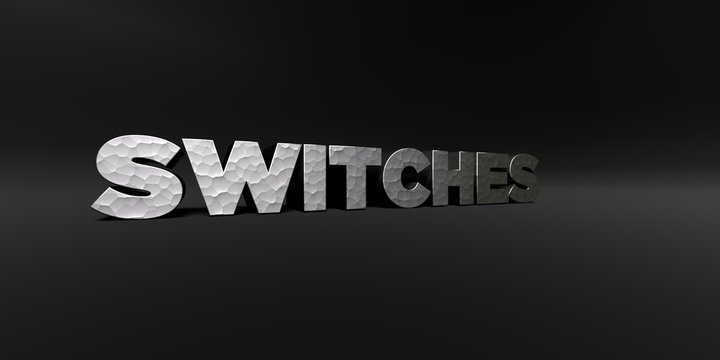 SWITCHES - hammered metal finish text on black studio - 3D rendered royalty free stock photo. This image can be used for an online website banner ad or a print postcard.