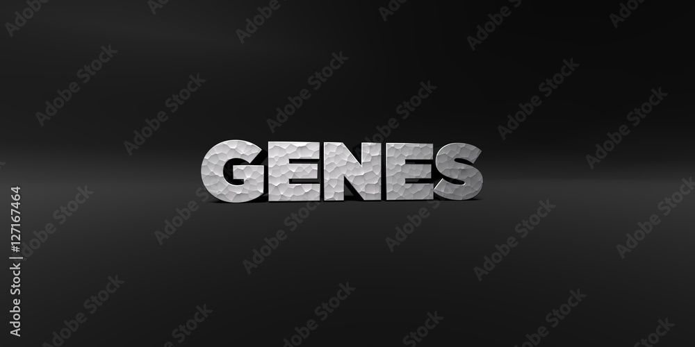 Fototapete genes - hammered metal finish text on black studio - 3d rendered royalty free stock photo. this imag