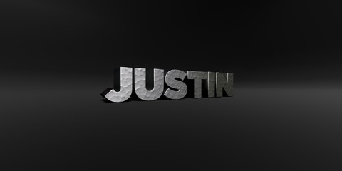 JUSTIN - hammered metal finish text on black studio - 3D rendered royalty free stock photo. This image can be used for an online website banner ad or a print postcard.