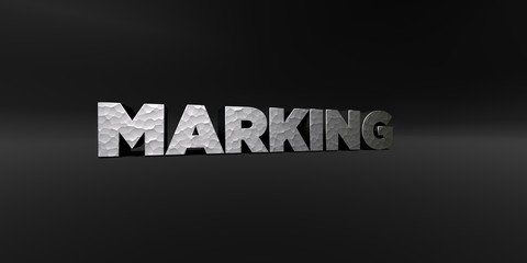 MARKING - hammered metal finish text on black studio - 3D rendered royalty free stock photo. This image can be used for an online website banner ad or a print postcard.