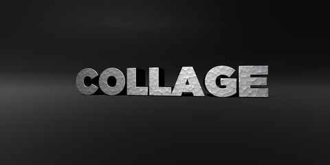 COLLAGE - hammered metal finish text on black studio - 3D rendered royalty free stock photo. This image can be used for an online website banner ad or a print postcard.