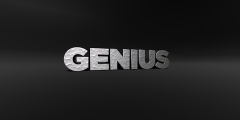 GENIUS - hammered metal finish text on black studio - 3D rendered royalty free stock photo. This image can be used for an online website banner ad or a print postcard.