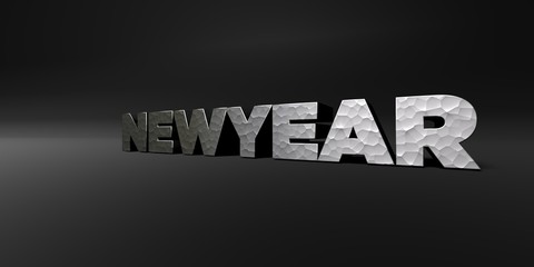 NEWYEAR - hammered metal finish text on black studio - 3D rendered royalty free stock photo. This image can be used for an online website banner ad or a print postcard.