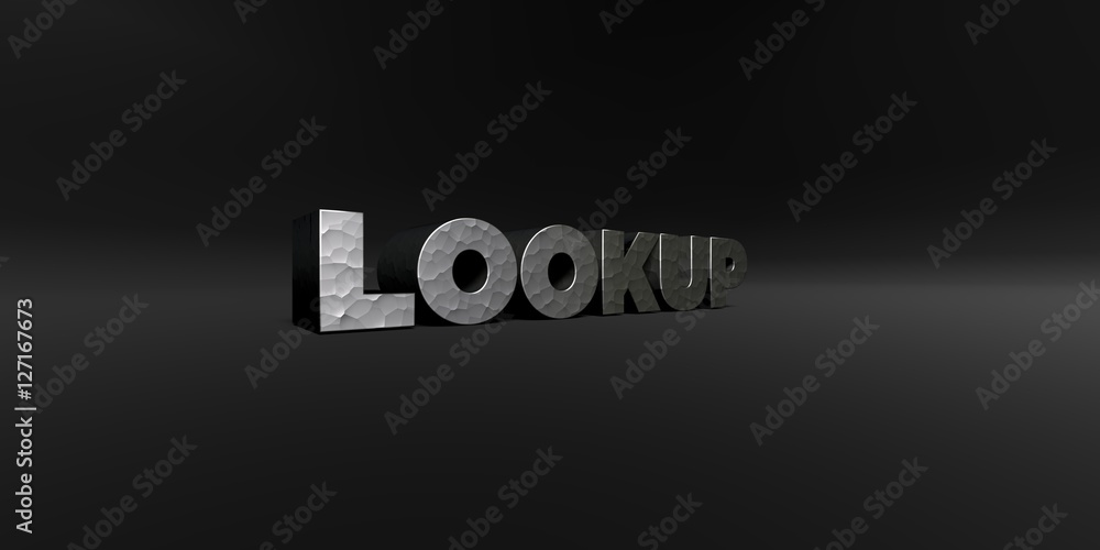 Fototapete lookup - hammered metal finish text on black studio - 3d rendered royalty free stock photo. this ima