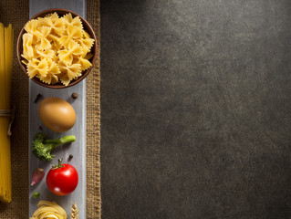pasta and food ingredient on table