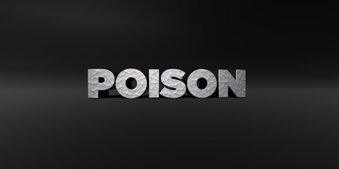 POISON - hammered metal finish text on black studio - 3D rendered royalty free stock photo. This image can be used for an online website banner ad or a print postcard.