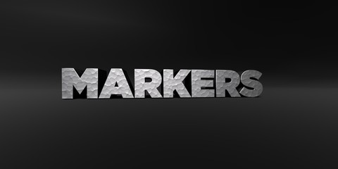 MARKERS - hammered metal finish text on black studio - 3D rendered royalty free stock photo. This image can be used for an online website banner ad or a print postcard.