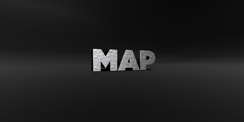 MAP - hammered metal finish text on black studio - 3D rendered royalty free stock photo. This image can be used for an online website banner ad or a print postcard.