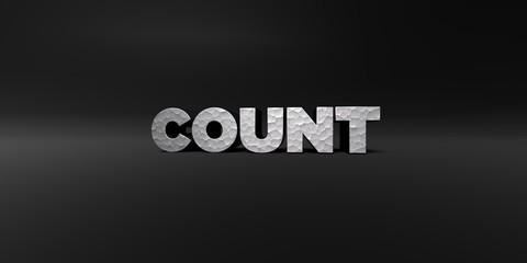 COUNT - hammered metal finish text on black studio - 3D rendered royalty free stock photo. This image can be used for an online website banner ad or a print postcard.