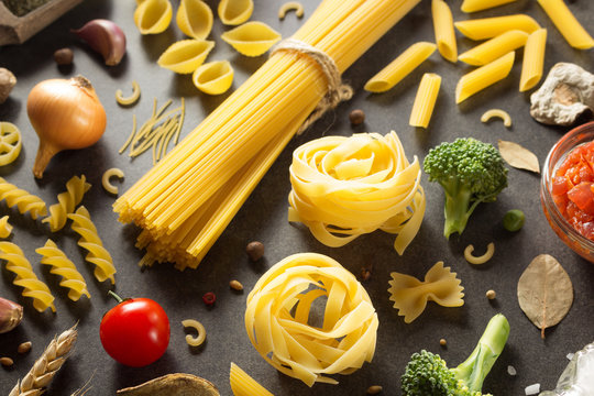 pasta and food ingredient on table