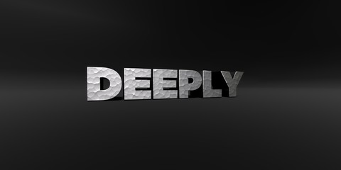 DEEPLY - hammered metal finish text on black studio - 3D rendered royalty free stock photo. This image can be used for an online website banner ad or a print postcard.