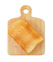 Toast on a wooden cutting board, white background.