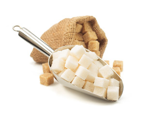 sugar cubes in scoop on white