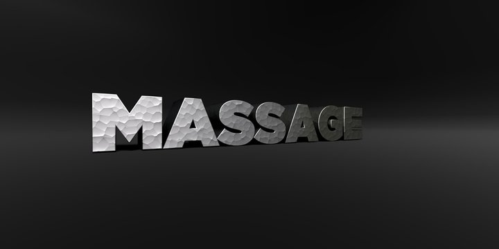 MASSAGE - hammered metal finish text on black studio - 3D rendered royalty free stock photo. This image can be used for an online website banner ad or a print postcard.