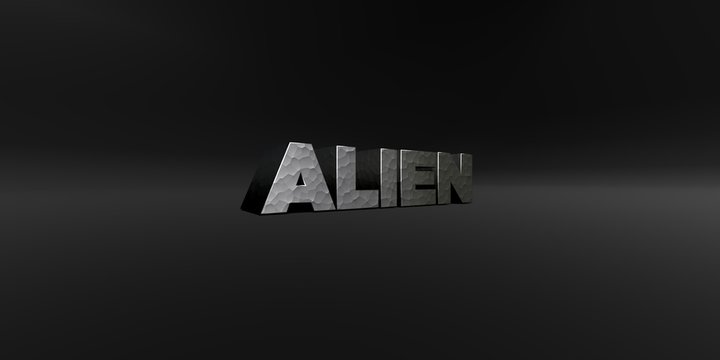 ALIEN - hammered metal finish text on black studio - 3D rendered royalty free stock photo. This image can be used for an online website banner ad or a print postcard.