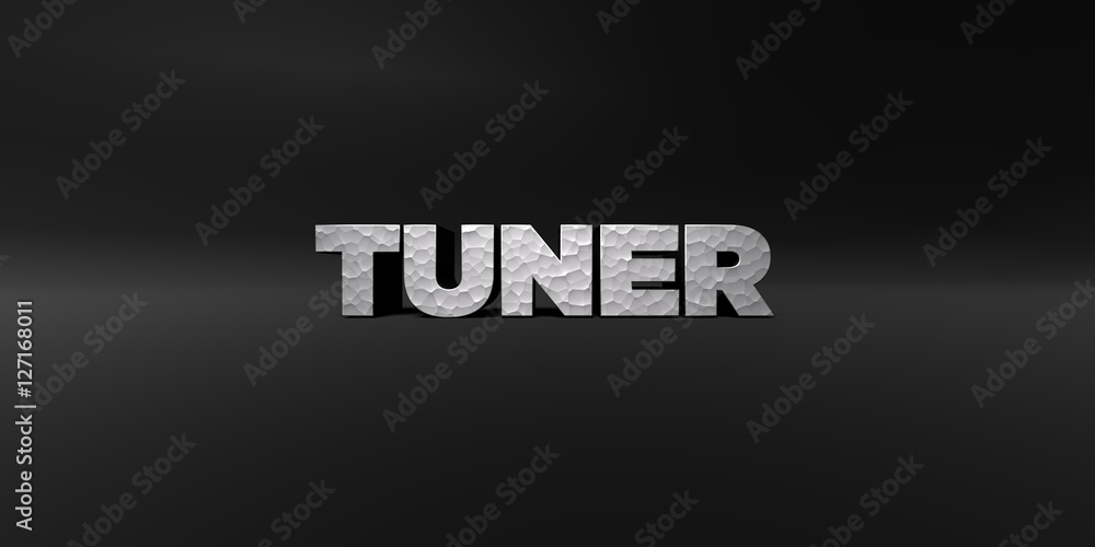 Fototapete tuner - hammered metal finish text on black studio - 3d rendered royalty free stock photo. this imag