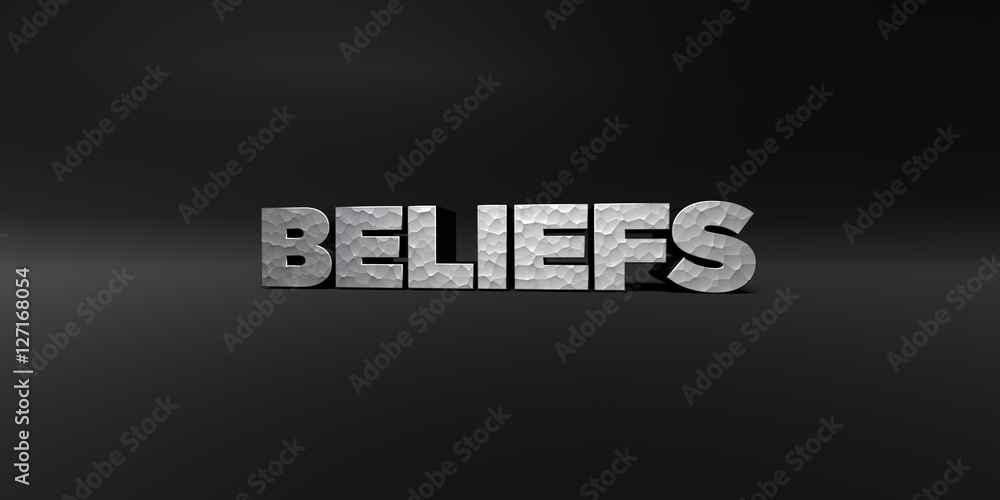 Fototapete beliefs - hammered metal finish text on black studio - 3d rendered royalty free stock photo. this im