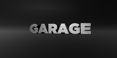 GARAGE - hammered metal finish text on black studio - 3D rendered royalty free stock photo. This image can be used for an online website banner ad or a print postcard.